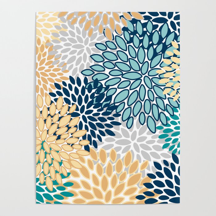 Floral Blooms, Yellow, Teal, Blue, Gray Poster Gallery Image 4
