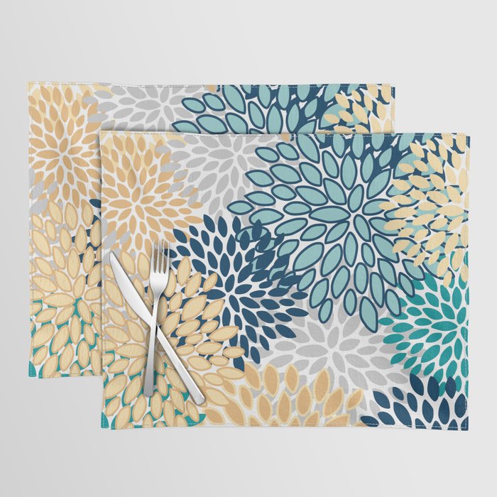 Floral Blooms, Yellow, Teal, Blue, Gray Placemat Gallery Image 1