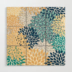Floral Blooms, Yellow, Teal, Blue, Gray Wood Wall Art Gallery Image 1
