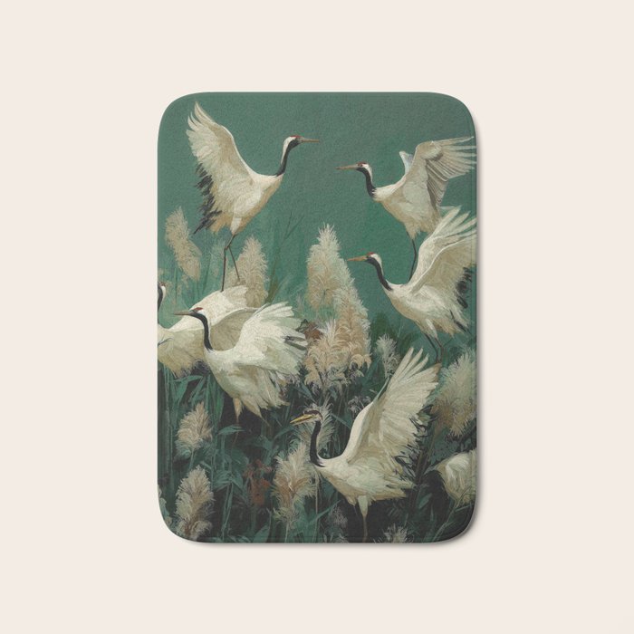 Japanese Poster Heron chinoiserie Print Bird Wall Art asian Japandi Wall Art sage green Painting Bath Mat Gallery Image 1