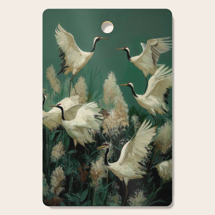 Japanese Poster Heron chinoiserie Print Bird Wall Art asian Japandi Wall Art sage green Painting Cutting Board Gallery Image 1
