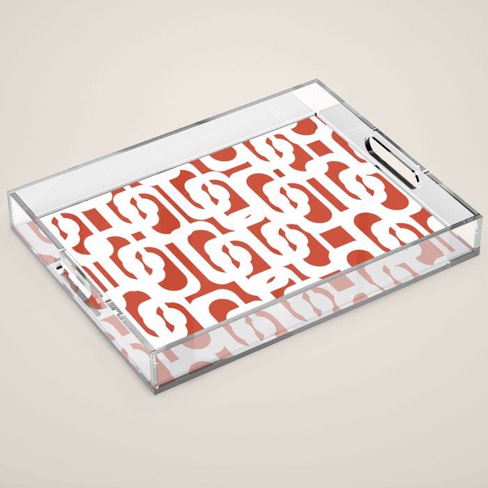 Mid Century Modern Loop Pattern Vermilion Red and White Acrylic Tray Gallery Image 1