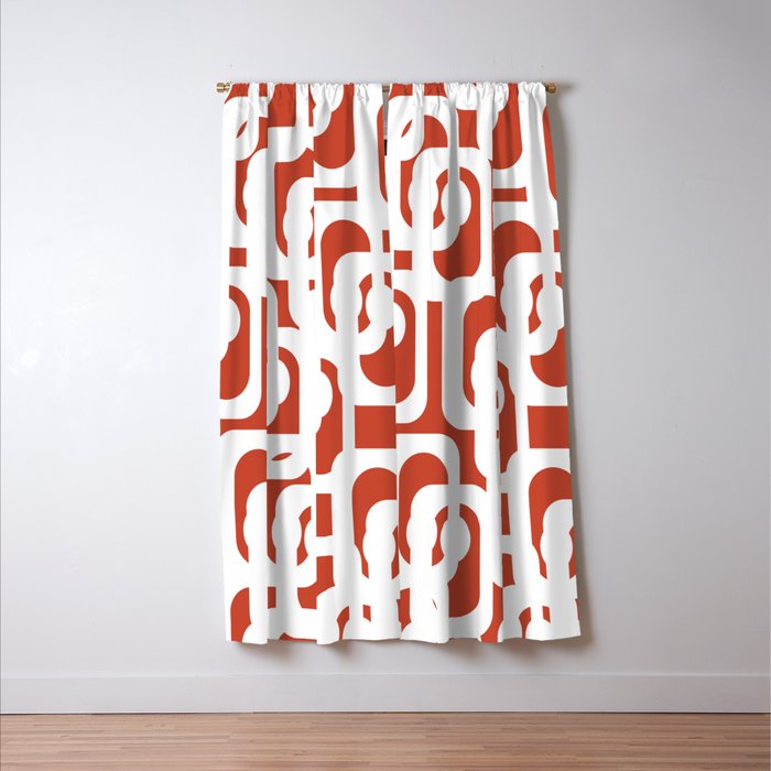 Mid Century Modern Loop Pattern Vermilion Red and White Window Curtain Gallery Image 3