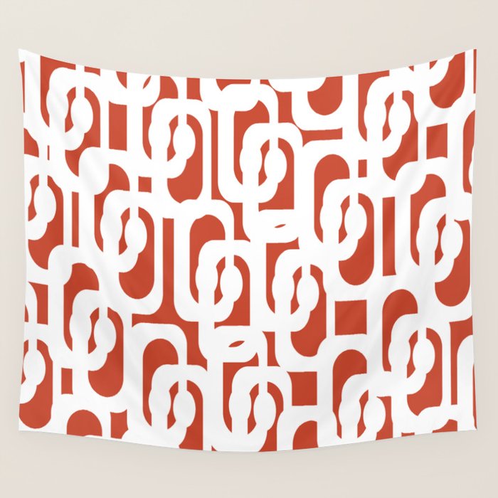 Mid Century Modern Loop Pattern Vermilion Red and White Wall Tapestry Gallery Image 4