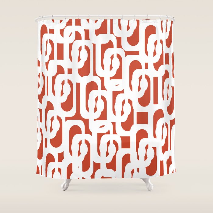 Mid Century Modern Loop Pattern Vermilion Red and White Shower Curtain Gallery Image 1