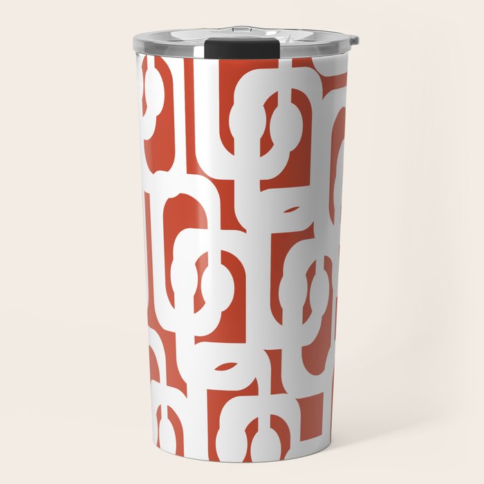 Mid Century Modern Loop Pattern Vermilion Red and White Travel Mug Gallery Image 1