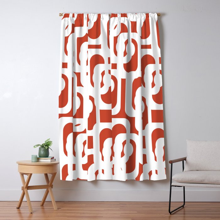 Mid Century Modern Loop Pattern Vermilion Red and White Window Curtain Gallery Image 5