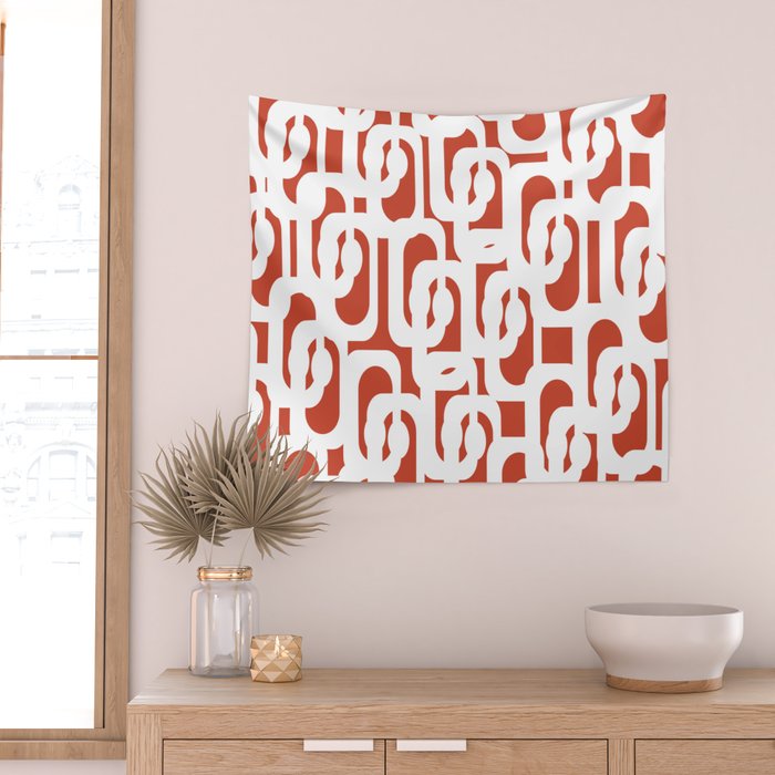 Mid Century Modern Loop Pattern Vermilion Red and White Wall Tapestry Gallery Image 2