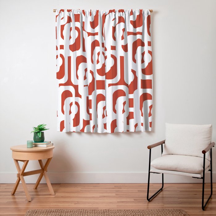 Mid Century Modern Loop Pattern Vermilion Red and White Window Curtain Gallery Image 3