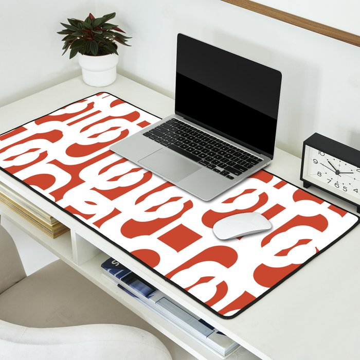 Mid Century Modern Loop Pattern Vermilion Red and White Desk Mat Gallery Image 2
