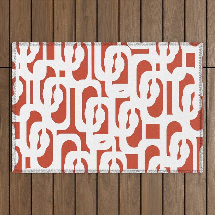 Mid Century Modern Loop Pattern Vermilion Red and White Outdoor Rug Gallery Image 1