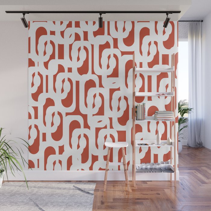 Mid Century Modern Loop Pattern Vermilion Red and White Wall Mural Gallery Image 1