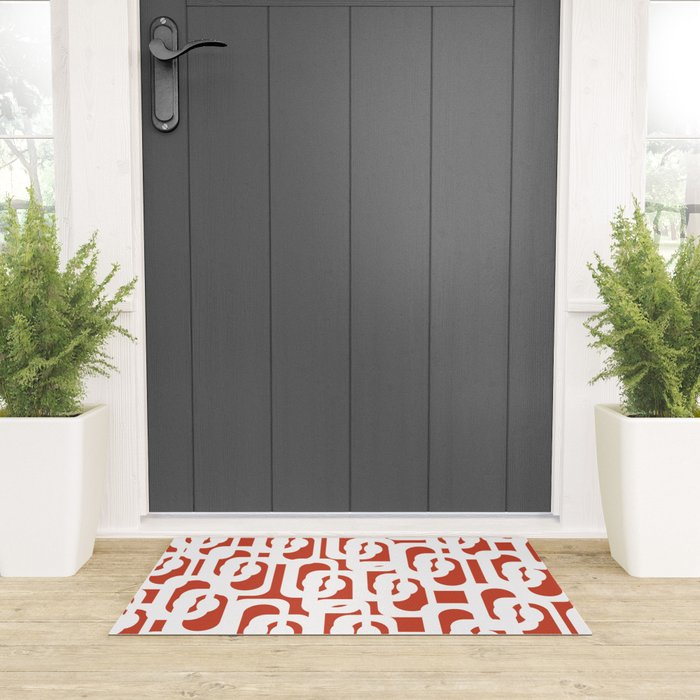 Mid Century Modern Loop Pattern Vermilion Red and White Welcome Mat Gallery Image 3