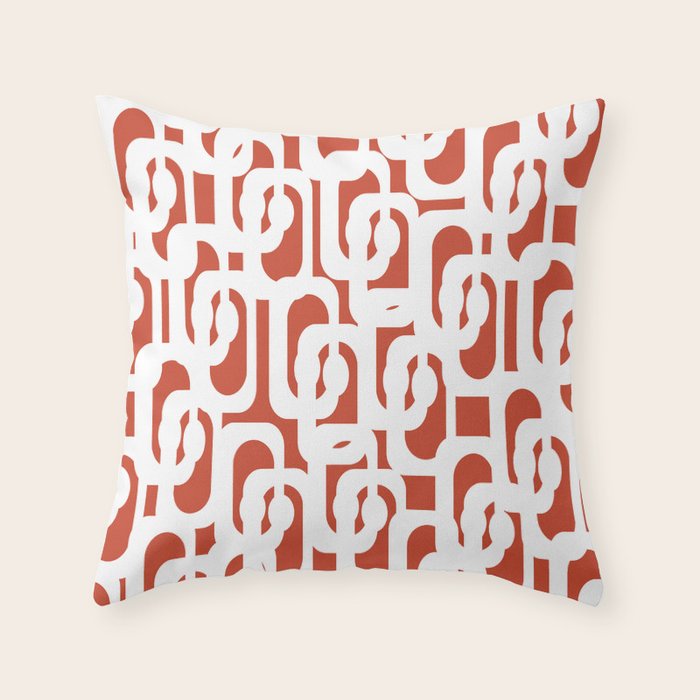Mid Century Modern Loop Pattern Vermilion Red and White Throw Pillow Gallery Image 1