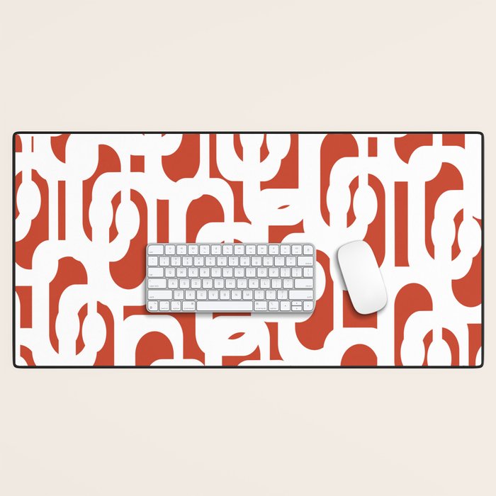 Mid Century Modern Loop Pattern Vermilion Red and White Desk Mat Gallery Image 1