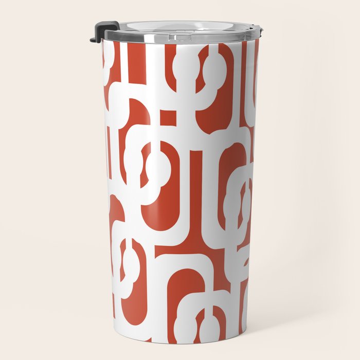 Mid Century Modern Loop Pattern Vermilion Red and White Travel Mug Gallery Image 3