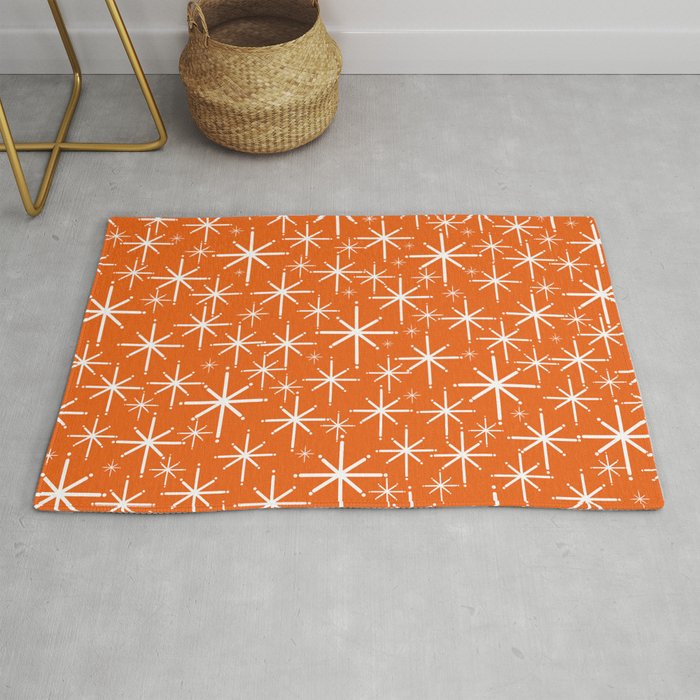 Twinkling Starbursts Mid Century Modern Pattern in Orange and White Rug Gallery Image 1