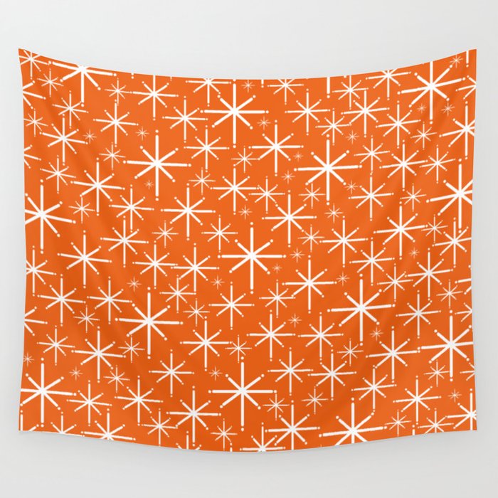 Twinkling Starbursts Mid Century Modern Pattern in Orange and White Wall Tapestry Gallery Image 1