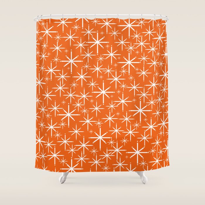 Twinkling Starbursts Mid Century Modern Pattern in Orange and White Shower Curtain Gallery Image 1