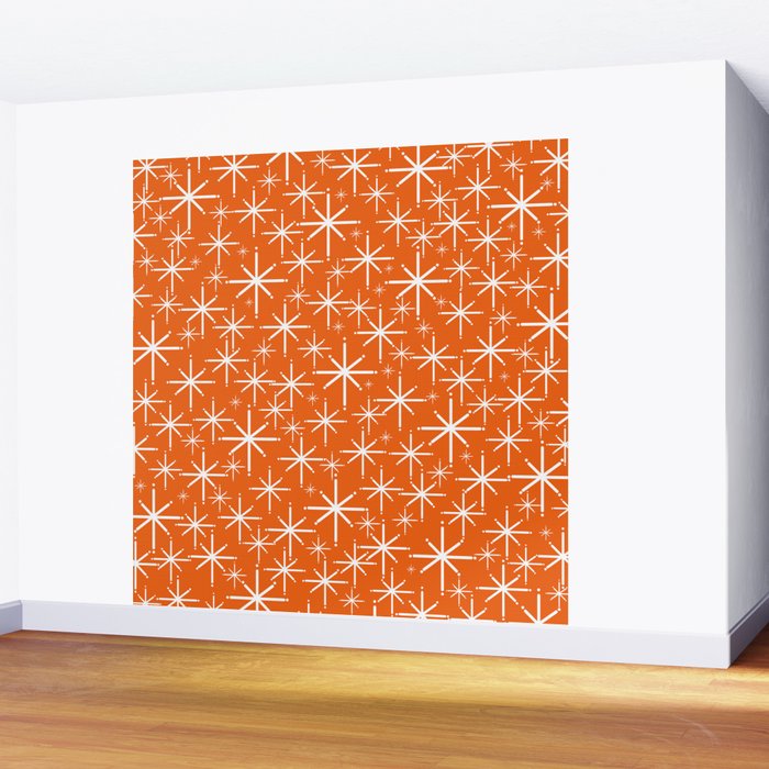 Twinkling Starbursts Mid Century Modern Pattern in Orange and White Wall Mural Gallery Image 2