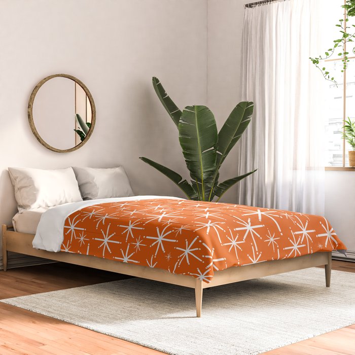 Twinkling Starbursts Mid Century Modern Pattern in Orange and White Comforter Gallery Image 2