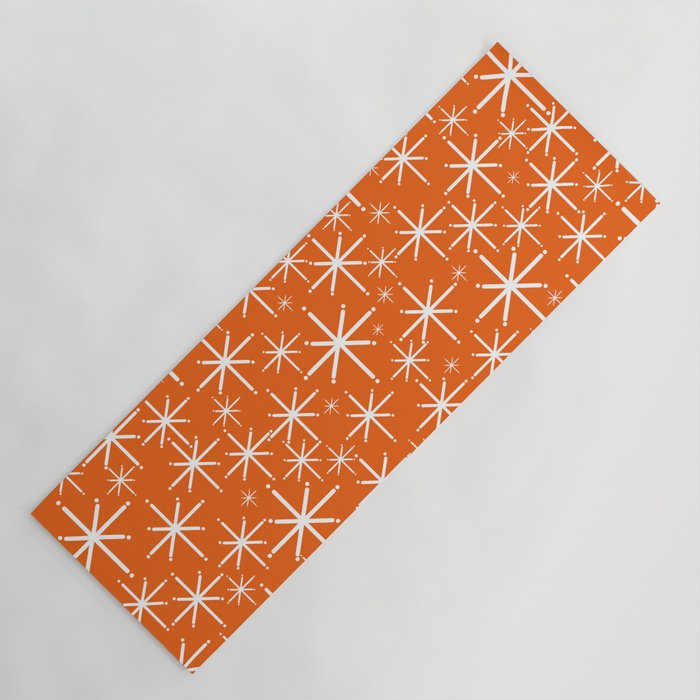 Twinkling Starbursts Mid Century Modern Pattern in Orange and White Yoga Mat Gallery Image 1