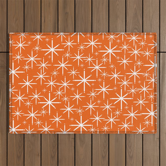 Twinkling Starbursts Mid Century Modern Pattern in Orange and White Outdoor Rug Gallery Image 1