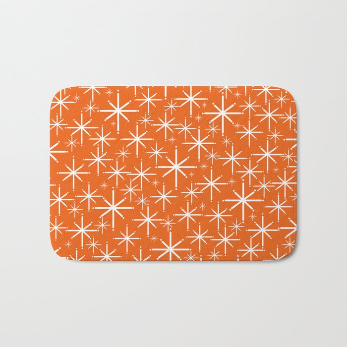 Twinkling Starbursts Mid Century Modern Pattern in Orange and White Bath Mat Gallery Image 1