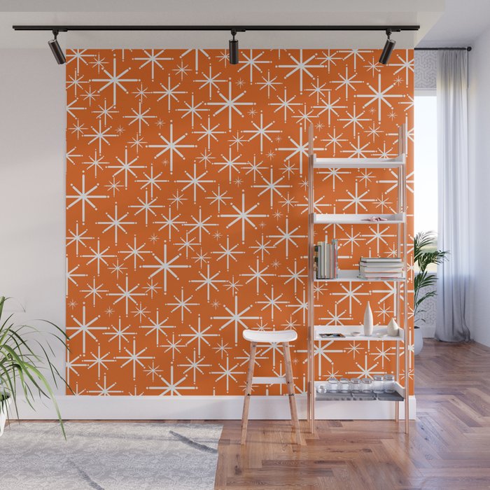 Twinkling Starbursts Mid Century Modern Pattern in Orange and White Wall Mural Gallery Image 1