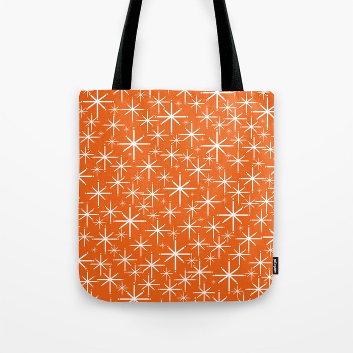 Twinkling Starbursts Mid Century Modern Pattern in Orange and White Tote Bag Gallery Image 1