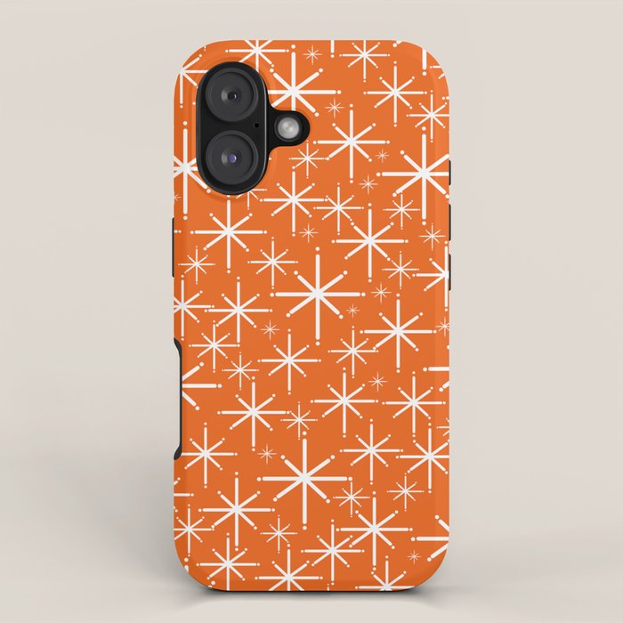 Twinkling Starbursts Mid Century Modern Pattern in Orange and White iPhone Case Gallery Image 1