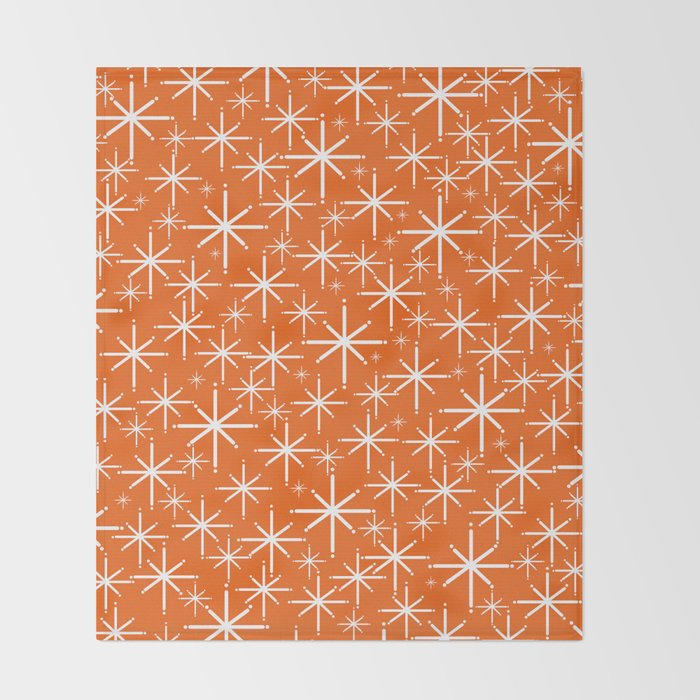 Twinkling Starbursts Mid Century Modern Pattern in Orange and White Throw Blanket Gallery Image 2
