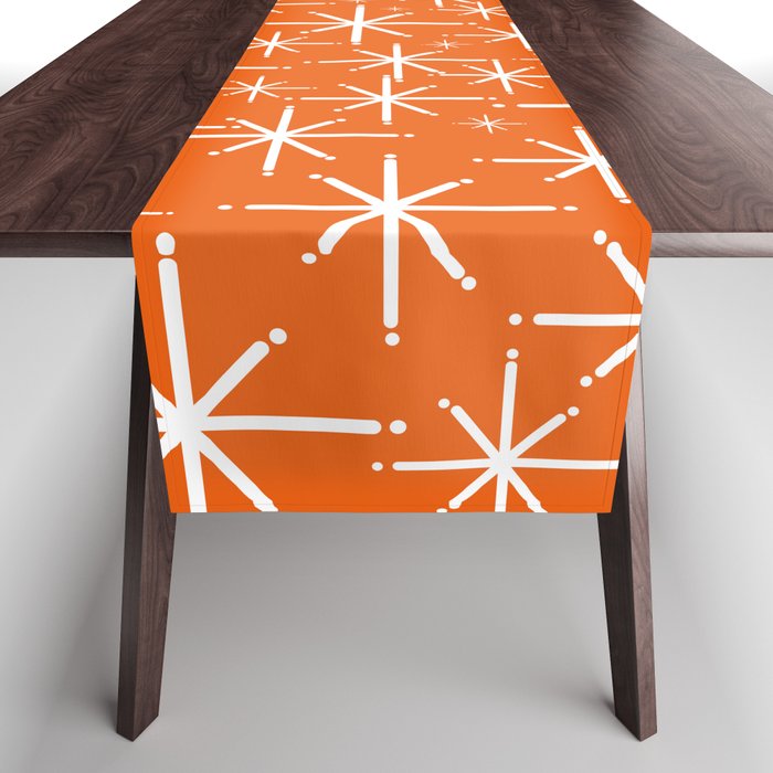 Twinkling Starbursts Mid Century Modern Pattern in Orange and White Table Runner Gallery Image 1
