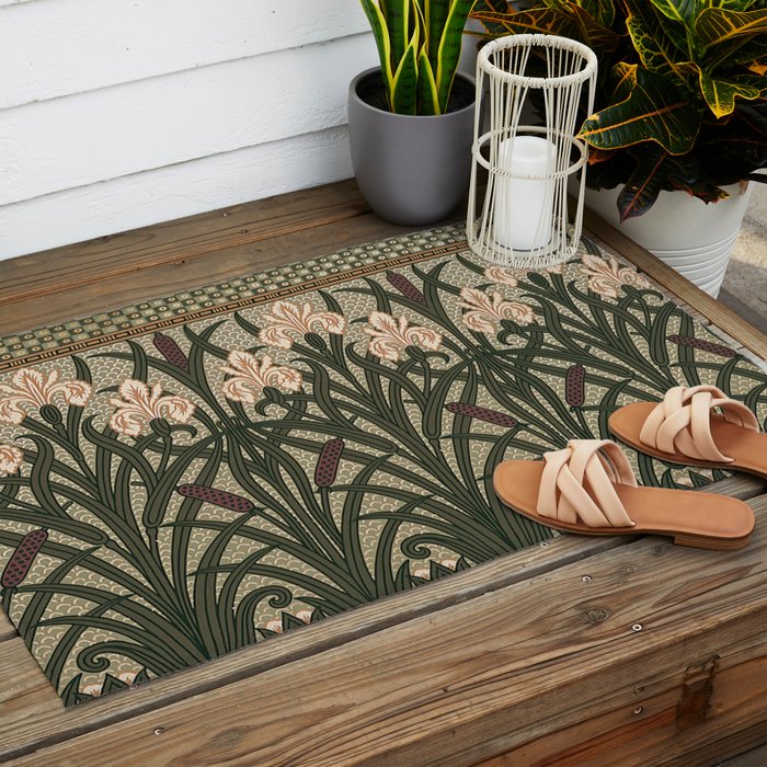William Morris Iris Golden Green Art Outdoor Rug Gallery Image 2