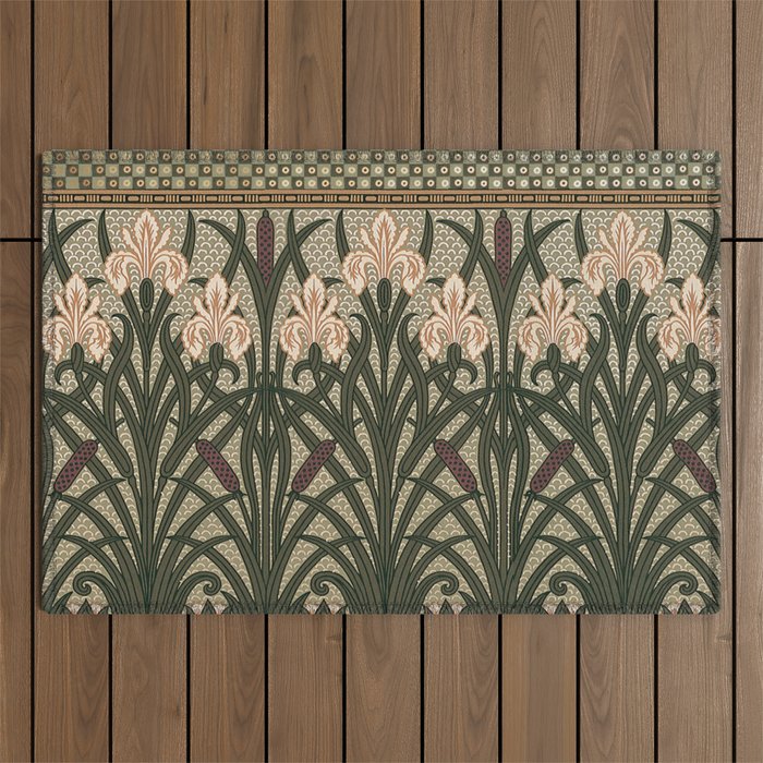 William Morris Iris Golden Green Art Outdoor Rug Gallery Image 1