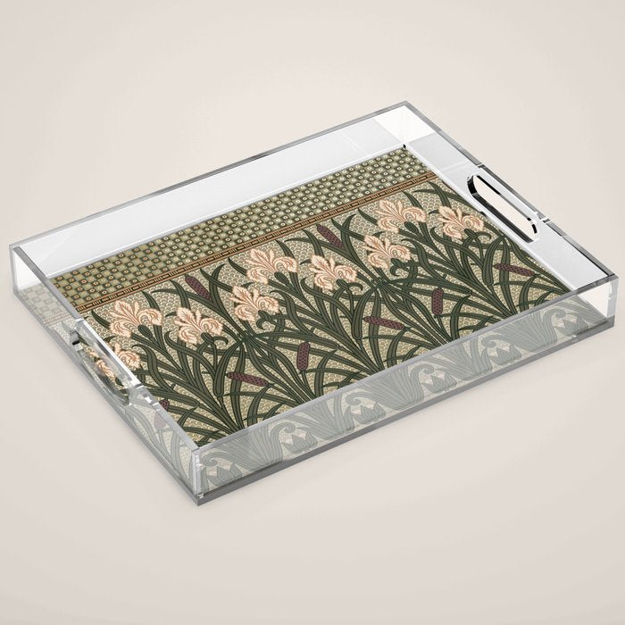 William Morris Iris Golden Green Art Acrylic Tray Gallery Image 1