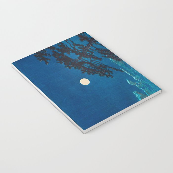 Vintage Japanese Woodblock Print Moonlight Over Ocean Japanese Landscape Tall Tree Silhouette Notebook Gallery Image 3
