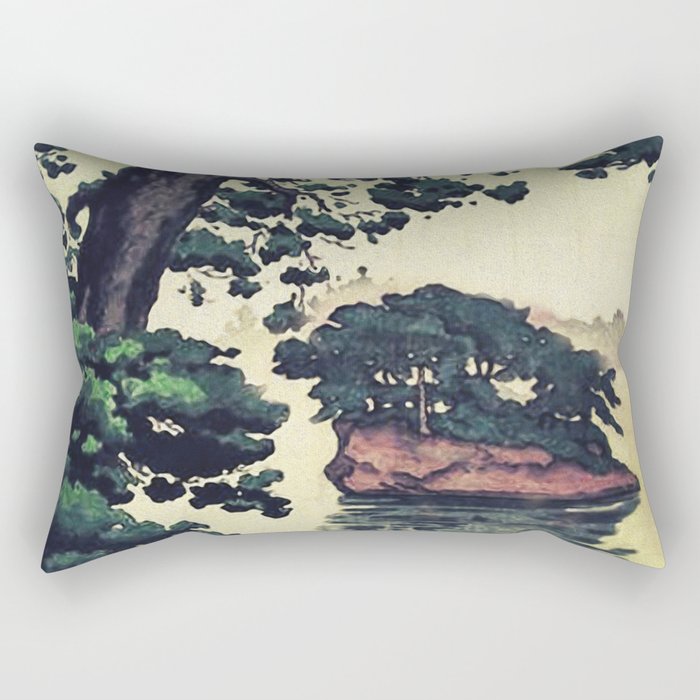 Autumn Rain in Yama - Summer Green Island Forest Ukiyoe Nature Landscape Rectangular Pillow Gallery Image 2