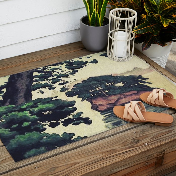 Autumn Rain in Yama - Summer Green Island Forest Ukiyoe Nature Landscape Outdoor Rug Gallery Image 2