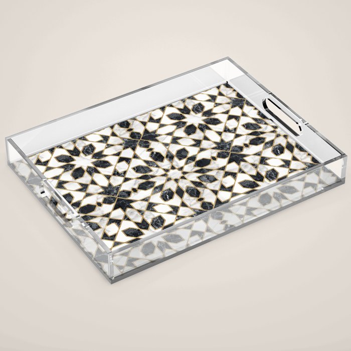Black and white marble Moroccan mosaic Acrylic Tray Gallery Image 1