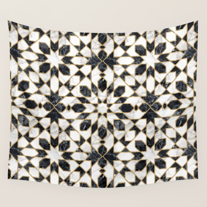 Black and white marble Moroccan mosaic Wall Tapestry