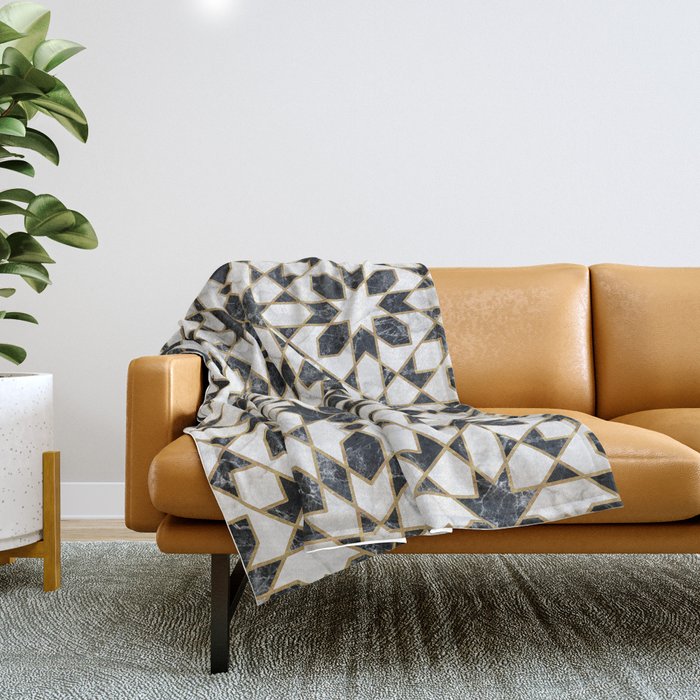 Black and white marble Moroccan mosaic Throw Blanket Gallery Image 1