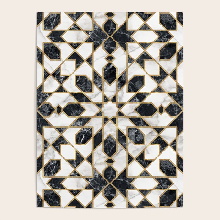 Black and white marble Moroccan mosaic Poster Gallery Image 1