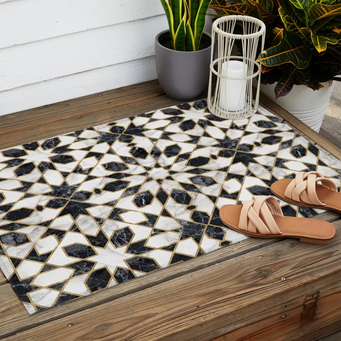 Black and white marble Moroccan mosaic Outdoor Rug Gallery Image 2