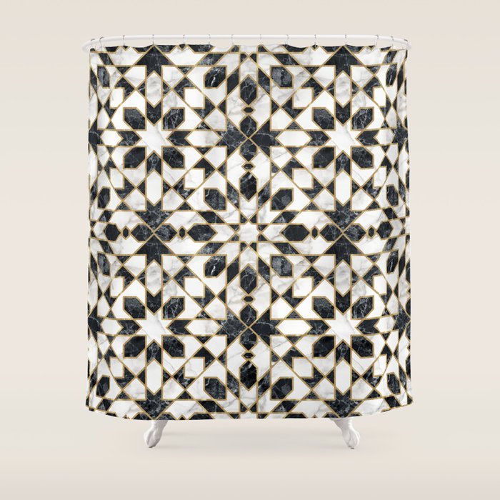 Black and white marble Moroccan mosaic Shower Curtain Gallery Image 1