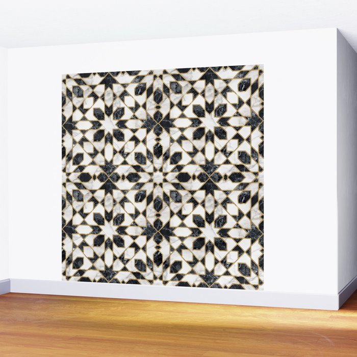 Black and white marble Moroccan mosaic Wall Mural Gallery Image 2