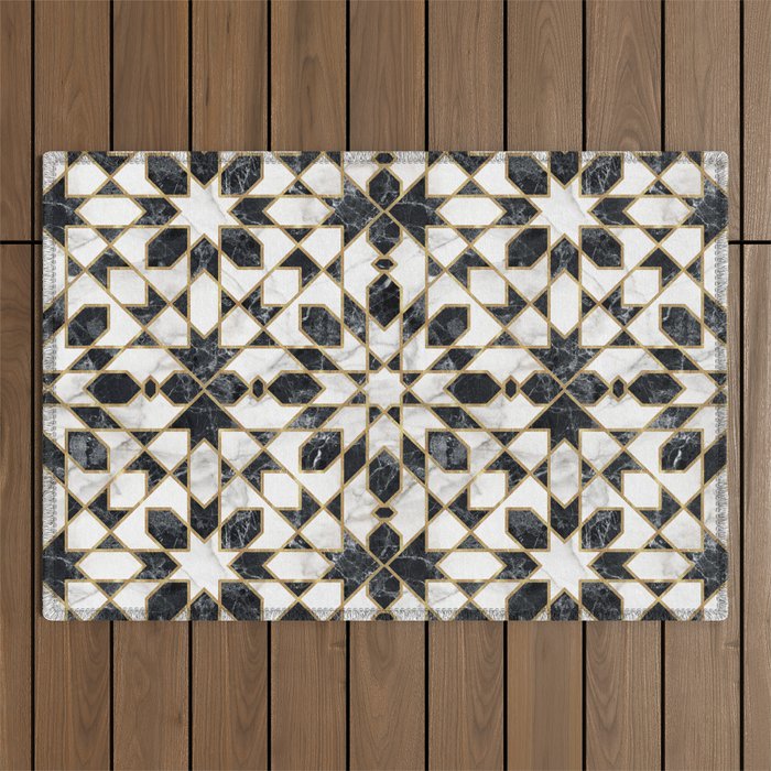 Black and white marble Moroccan mosaic Outdoor Rug Gallery Image 1