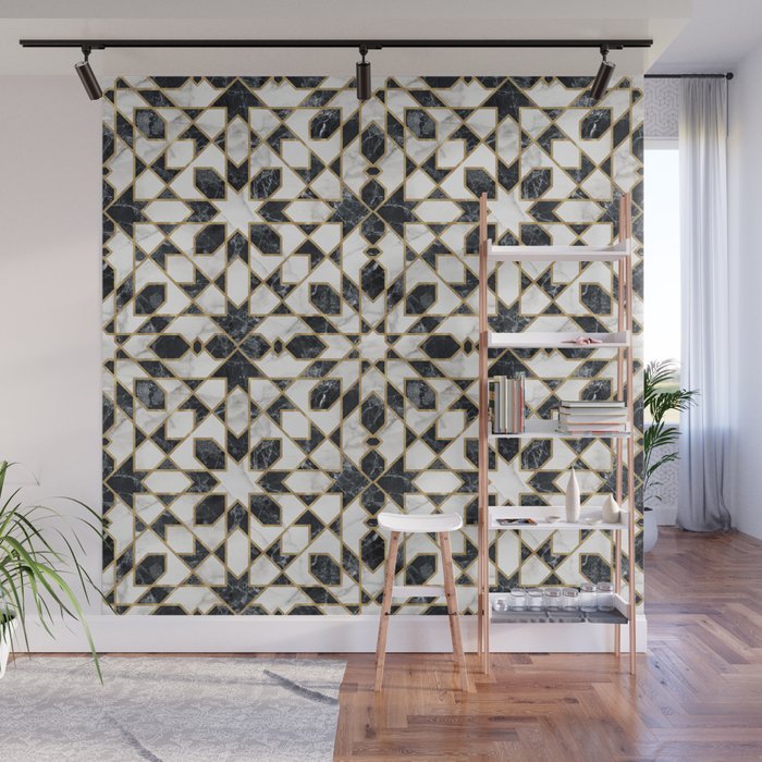 Black and white marble Moroccan mosaic Wall Mural Gallery Image 1