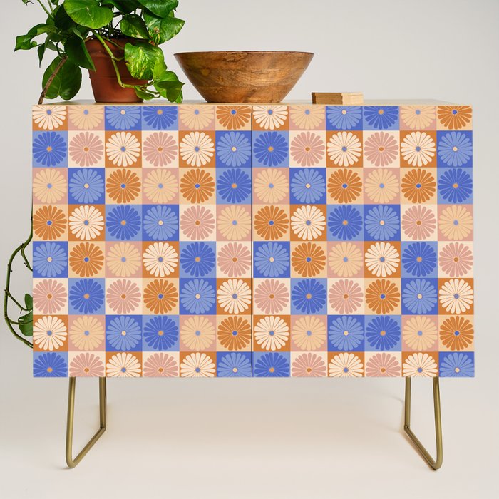 Retro Flowers Check Pattern XXII Credenza Gallery Image 1