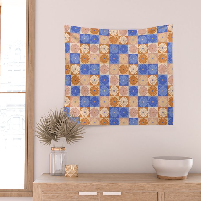 Retro Flowers Check Pattern XXII Wall Tapestry Gallery Image 2